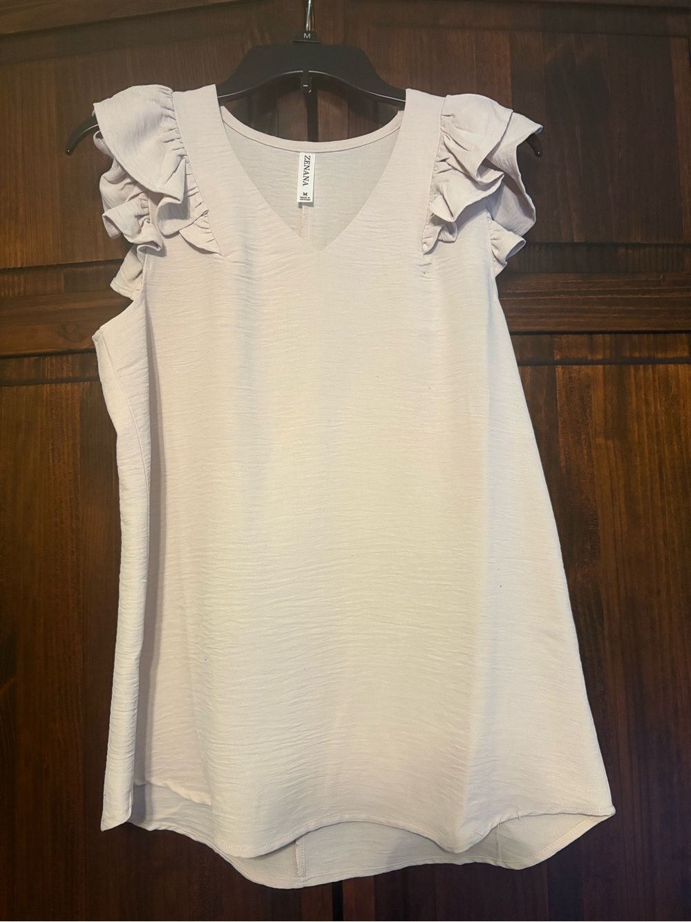 Zenana Outfitters Blush Ruffle Sleeve V-Neck Tunic Top